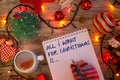 Ã¢â¬ÅAll I want for Christmas isÃ¢â¬Â¦Ã¢â¬Â text on notebook written by young woman with colorful gloves in festive decor